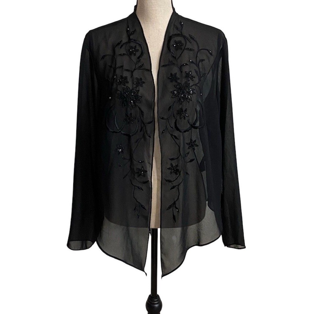 VTG Y2K Dressbarn Woman Hand-Beaded Sheer Evening Jacket Sz 18W Black Whimsigoth